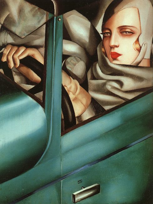 Tamara de Lempicka (Maria Górska, 1898, Warsaw - 1980, Cuernavaca), “Autoritratto sulla Bugatti verde” / “Self-Portrait in the Green Bugatti”, 1925, Olio su tavola / Oil on wood, Collezione privata / Private Collection